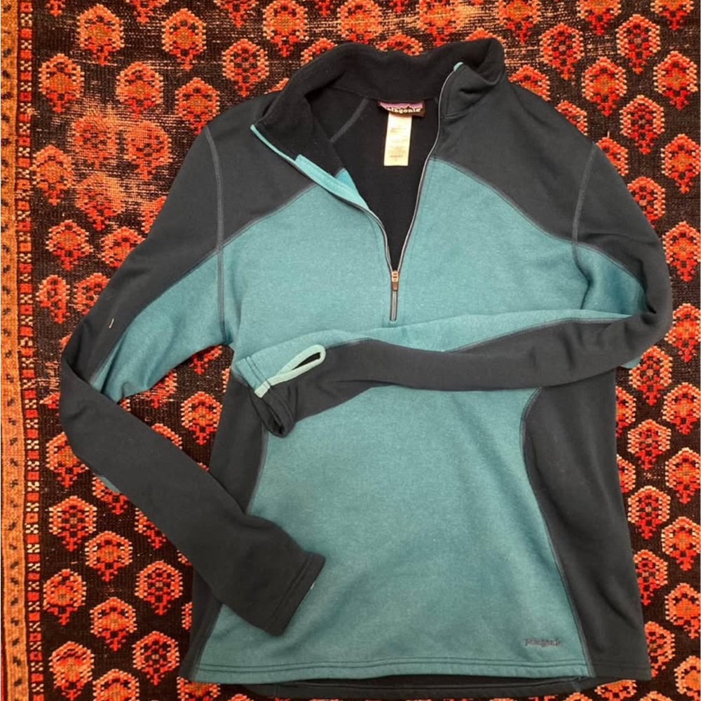 Patagonia Blue and Black Cowl Neck Sweater
